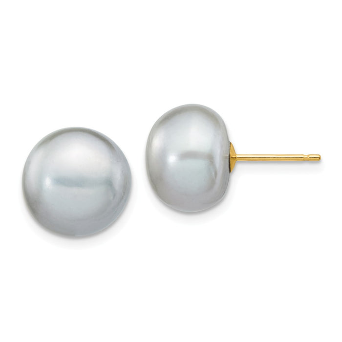 Million Charms 14k Yellow Gold 10-11mm Grey Button Freshwater Cultured Pearl Stud Post Earrings, 10 to 11mm x 10 to 11mm