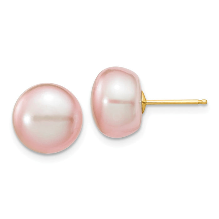 Million Charms 14k Yellow Gold 10-11mm Purple Button Freshwater Cultured Pearl Stud Post Earrings, 10 to 11mm x 10 to 11mm