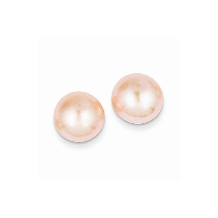 Million Charms 14k Yellow Gold 10-11mm Pink Button Freshwater Cultured Pearl Stud Post Earrings, 10 to 11mm x 10 to 11mm