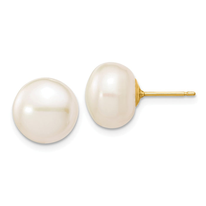 Million Charms 14k Yellow Gold 10-11mm White Button Freshwater Cultured Pearl Stud Post Earrings, 10 to 11mm x 10 to 11mm