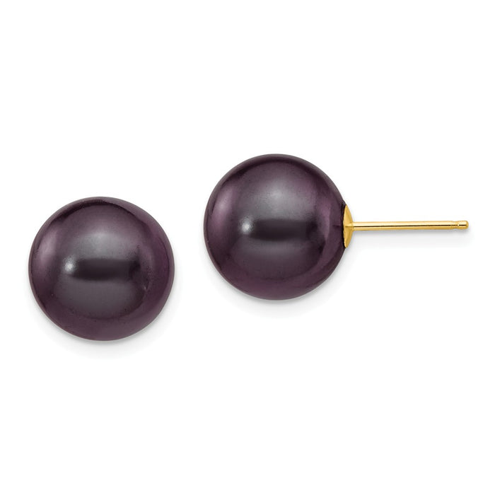Million Charms 14k Yellow Gold 10-11mm Black Round Freshwater Cultured Pearl Stud Post Earrings, 10 to 11mm x 10 to 11mm