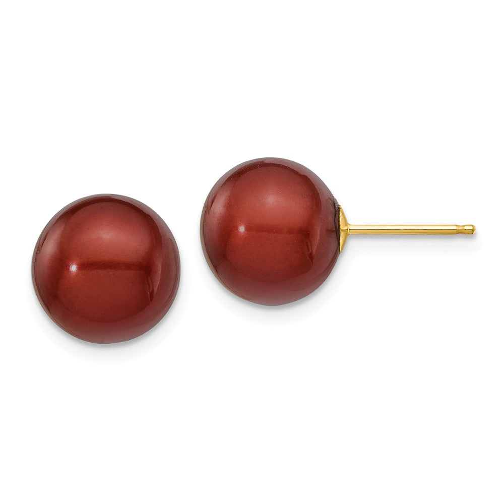 Million Charms 14k Yellow Gold 10-11mm Coffee Round Freshwater Cultured Pearl Stud Post Earrings, 10 to 11mm x 10 to 11mm