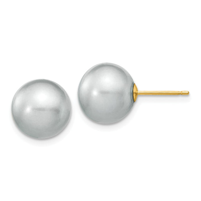 Million Charms 14k Yellow Gold 10-11mm Grey Round Freshwater Cultured Pearl Stud Post Earrings, 10 to 11mm x 10 to 11mm