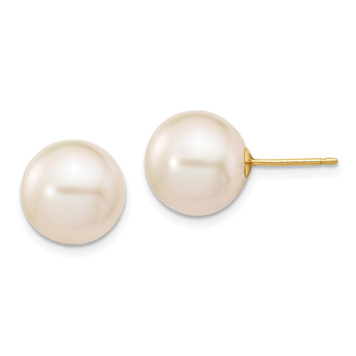 Million Charms 14k Yellow Gold 10-11mm White Round Freshwater Cultured Pearl Stud Post Earrings, 10 to 11mm x 10 to 11mm