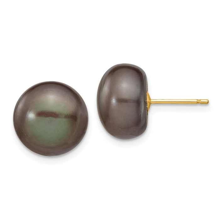 Million Charms 14k Yellow Gold 11-12mm Black Button Freshwater Cultured Pearl Stud Post Earrings, 11 to 12mm x 11 to 12mm