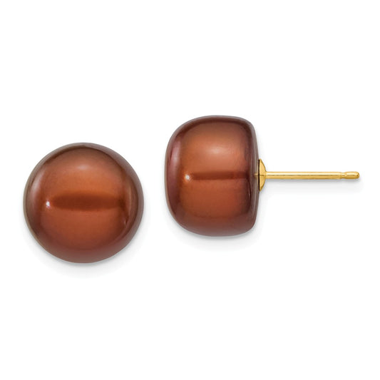 Million Charms 14k Yellow Gold 11-12mm Coffee Button Freshwater Cultured Pearl Stud Post Earrings, 11 to 12mm x 11 to 12mm