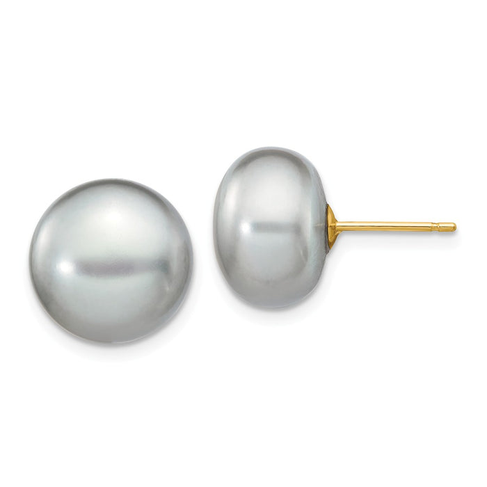 Million Charms 14k Yellow Gold 11-12mm Grey Button Freshwater Cultured Pearl Stud Post Earrings, 11 to 12mm x 11 to 12mm