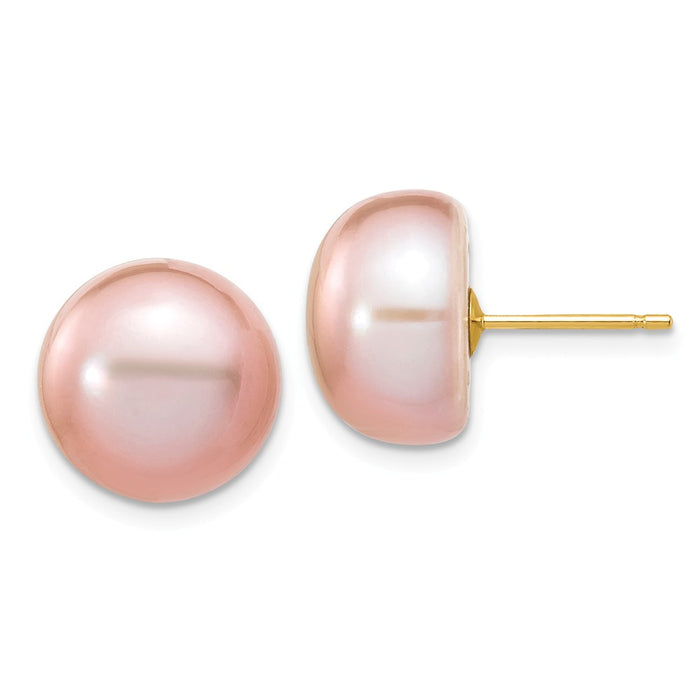 Million Charms 14k Yellow Gold 11-12mm Purple Button Freshwater Cultured Pearl Stud Post Earrings, 11 to 12mm x 11 to 12mm