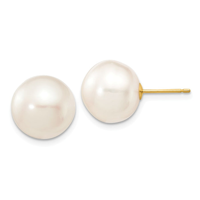 Million Charms 14k Yellow Gold 11-12mm White Button Freshwater Cultured Pearl Stud Post Earrings, 11 to 12mm x 11 to 12mm