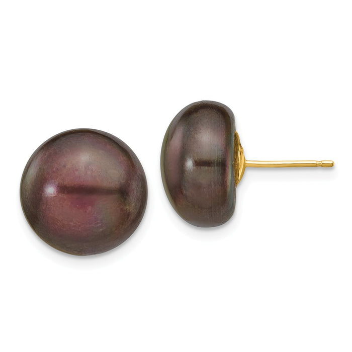 Million Charms 14k Yellow Gold 12-13mm Black Button Freshwater Cultured Pearl Stud Post Earrings, 12 to 13mm x 12 to 13mm