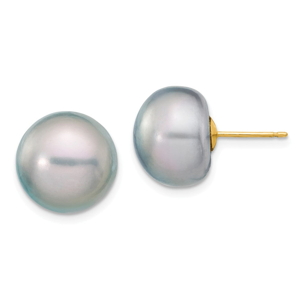 Million Charms 14k Yellow Gold 12-13mm Grey Button Freshwater Cultured Pearl Stud Post Earrings, 12 to 13mm x 12 to 13mm