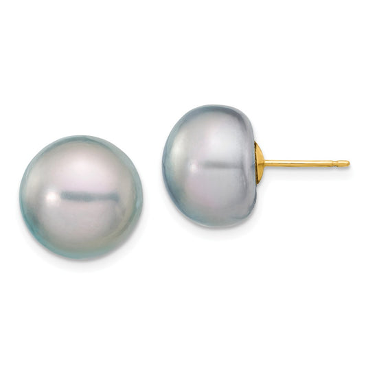 Million Charms 14k Yellow Gold 12-13mm Grey Button Freshwater Cultured Pearl Stud Post Earrings, 12 to 13mm x 12 to 13mm