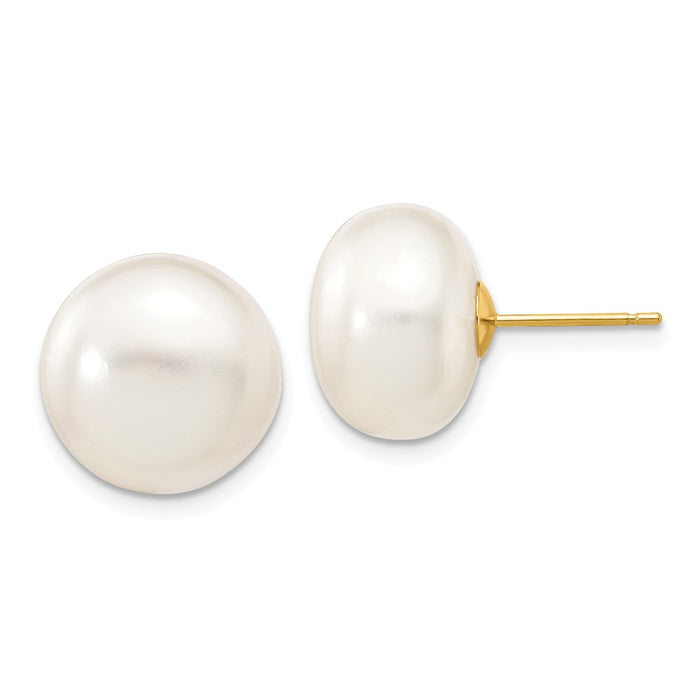 Million Charms 14k Yellow Gold 12-13mm White Button Freshwater Cultured Pearl Stud Post Earrings, 12 to 13mm x 12 to 13mm