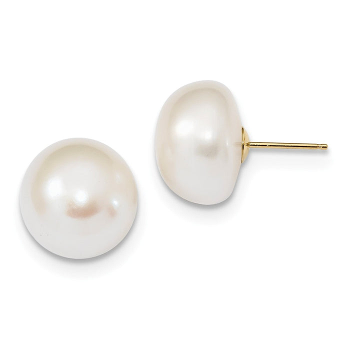 Million Charms 14k Yellow Gold 13-14mm White Button Freshwater Cultured Pearl Post Earrings, 13 to 14mm x 13 to 14mm