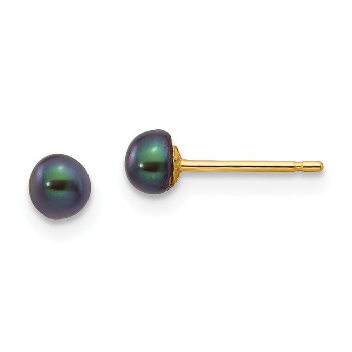 Million Charms 14k Yellow Gold 3-4mm Black Button Freshwater Cultured Pearl Stud Post Earrings, 3 to 4mm x 3 to 4mm