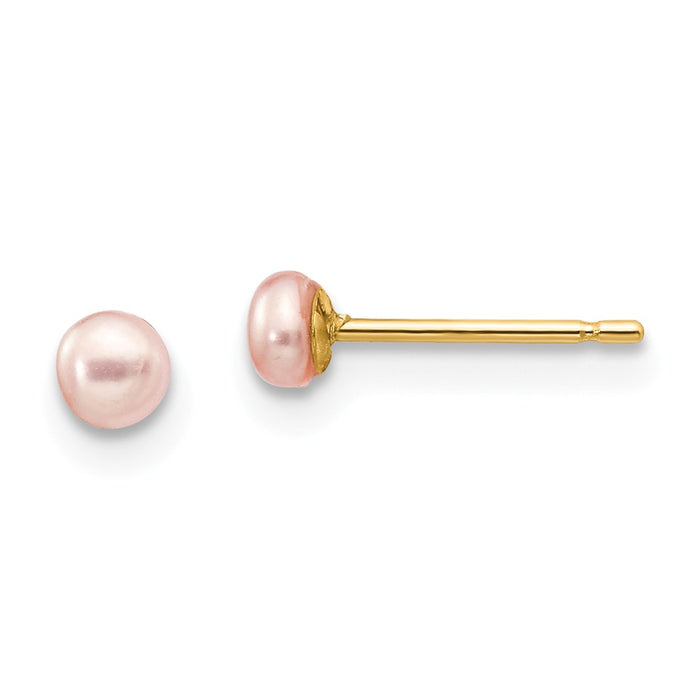 Million Charms 14k Yellow Gold 3-4mm Pink Button Freshwater Cultured Pearl Stud Post Earrings, 3 to 4mm x 3 to 4mm