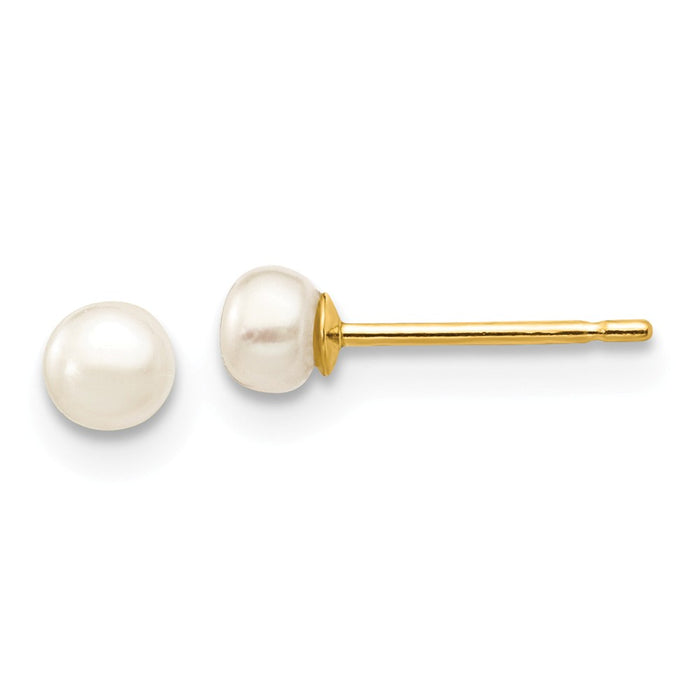 Million Charms 14k Yellow Gold 3-4mm White Button Freshwater Cultured Pearl Stud Post Earrings, 3 to 4mm x 3 to 4mm