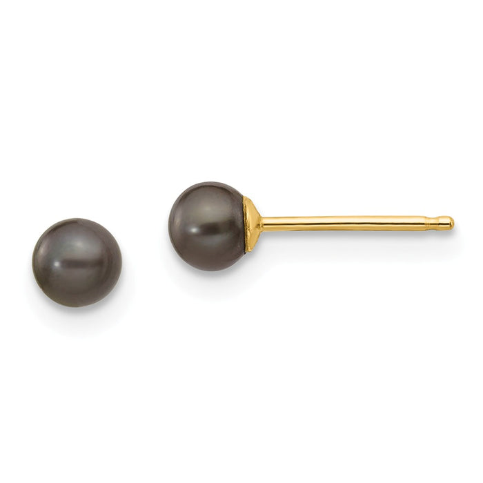 Million Charms 14k Yellow Gold 3-4mm Black Round Freshwater Cultured Pearl Stud Post Earrings, 3 to 4mm x 3 to 4mm