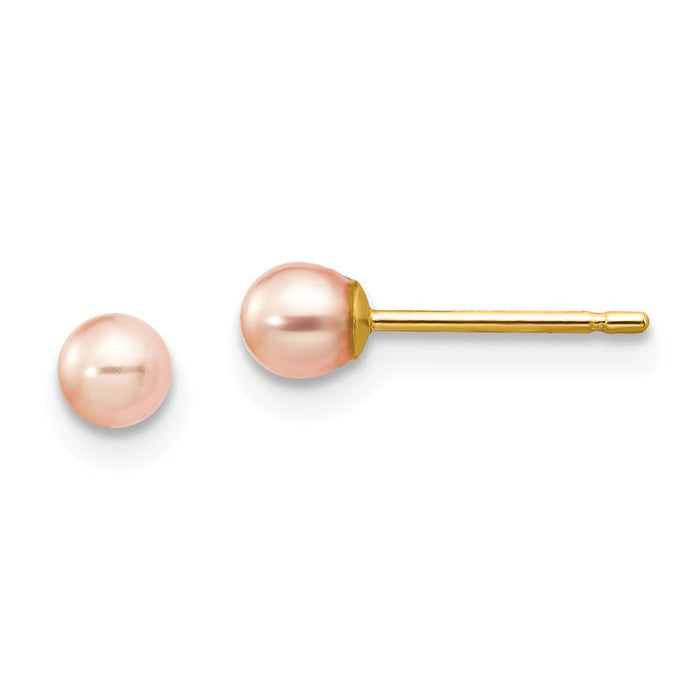 Million Charms 14k Yellow Gold 3-4mm Pink Round Freshwater Cultured Pearl Stud Post Earrings, 3 to 4mm x 3 to 4mm