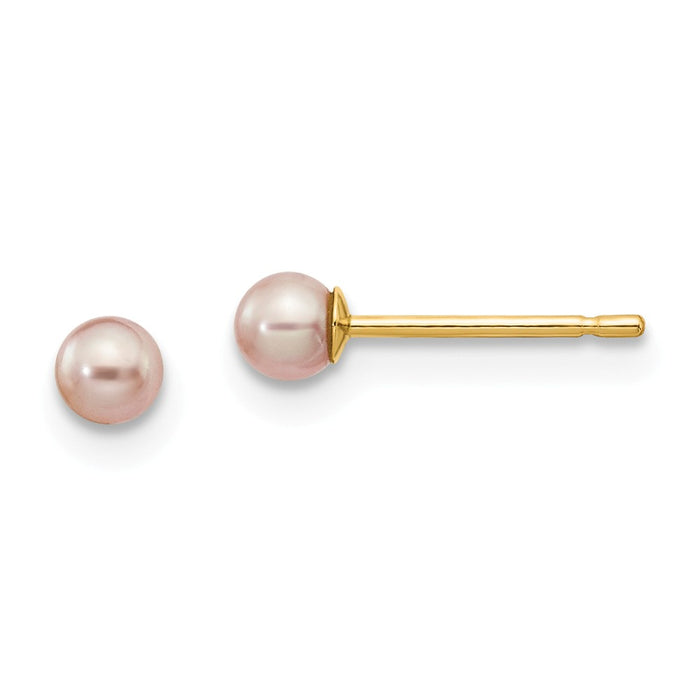 Million Charms 14k Yellow Gold 3-4mm Purple Round Freshwater Cultured Pearl Stud Post Earrings, 3 to 4mm x 3 to 4mm