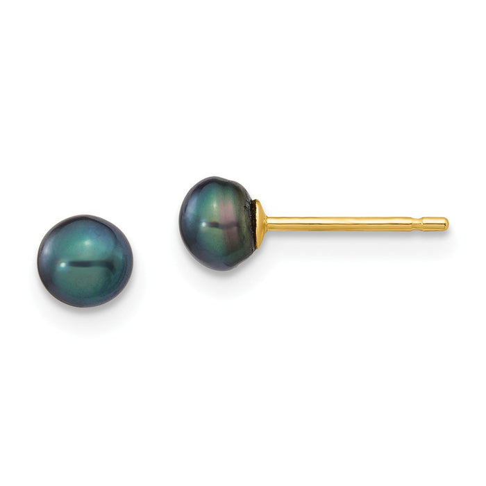 Million Charms 14k Yellow Gold 4-5mm Black Button Freshwater Cultured Pearl Stud Post Earrings, 4 to 5mm x 4 to 5mm