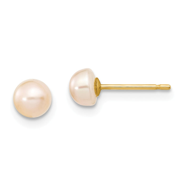 Million Charms 14k Yellow Gold 4-5mm Pink Freshwater Cultured Button Pearl Stud Post Earrings, 4 to 5mm x 4 to 5mm