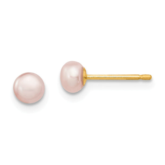 Million Charms 14k Yellow Gold 4-5mm Purple Freshwater Cultured Button Pearl Stud Post Earrings, 4 to 5mm x 4 to 5mm