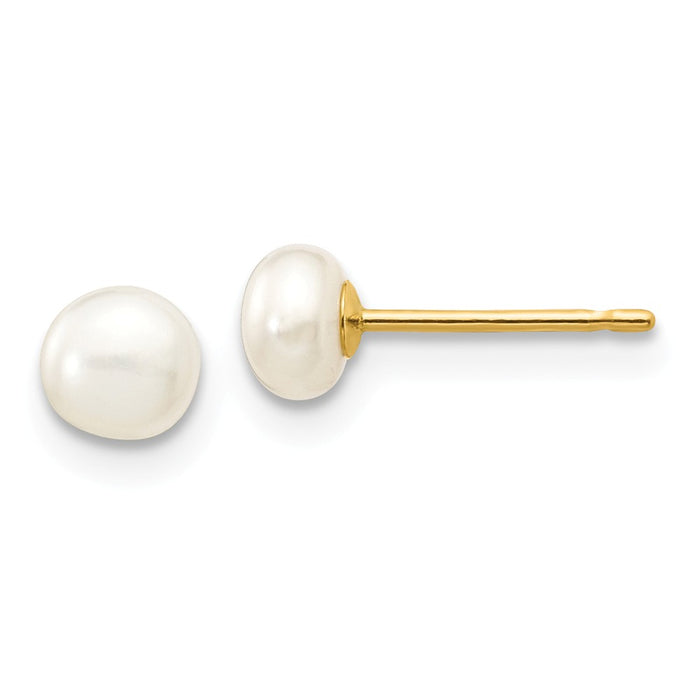 Million Charms 14k Yellow Gold 4-5mm White Button Freshwater Cultured Pearl Stud Post Earrings, 4 to 5mm x 4 to 5mm