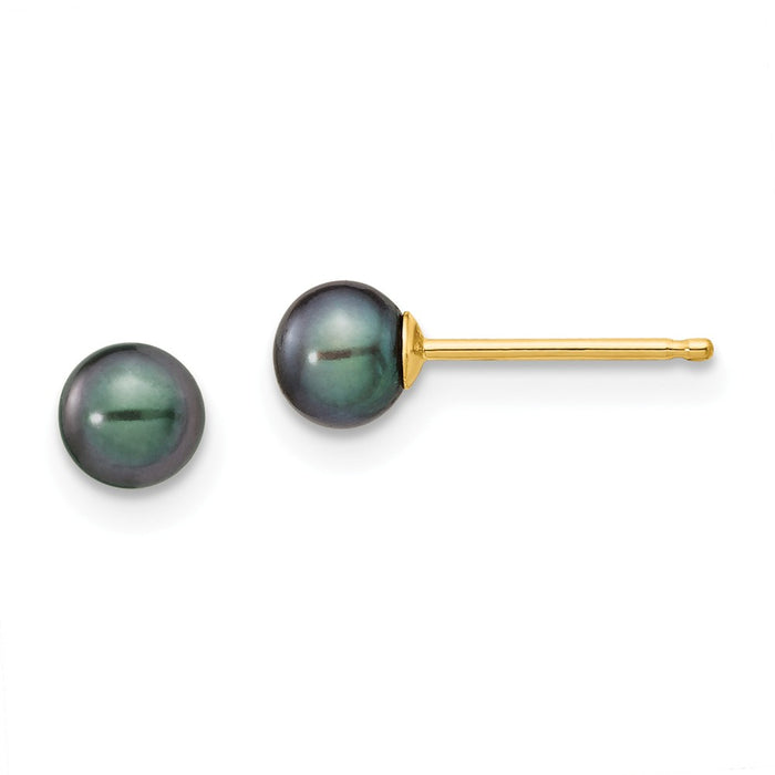 Million Charms 14k Yellow Gold 4-5mm Black Round Freshwater Cultured Pearl Stud Post Earrings, 4 to 5mm x 4 to 5mm