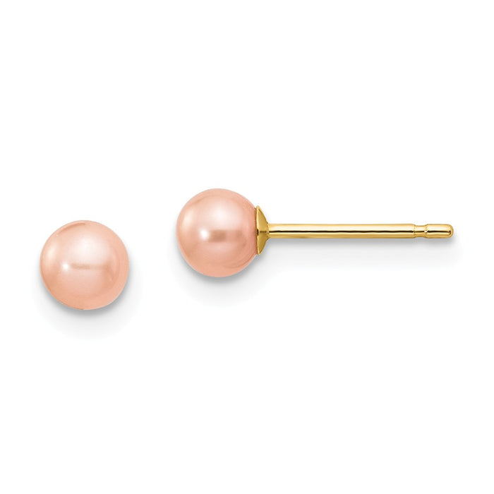 Million Charms 14k Yellow Gold 4-5mm Pink Round Freshwater Cultured Pearl Stud Post Earrings, 4 to 5mm x 4 to 5mm