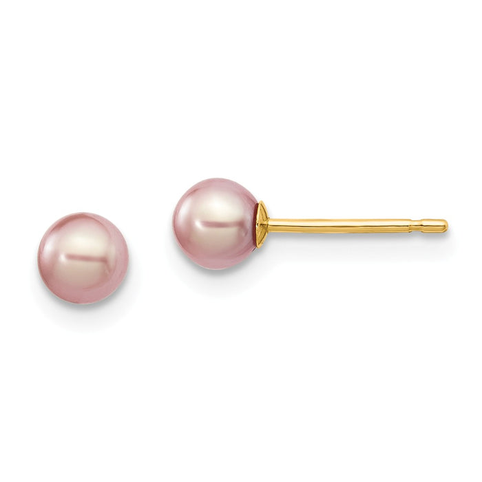 Million Charms 14k Yellow Gold 4-5mm Purple Round Freshwater Cultured Pearl Stud Post Earrings, 4 to 5mm x 4 to 5mm