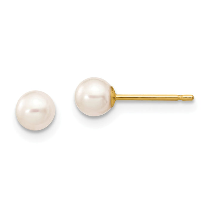 Million Charms 14k Yellow Gold 4-5mm White Round Freshwater Cultured Pearl Stud Post Earrings, 4 to 5mm x 4 to 5mm