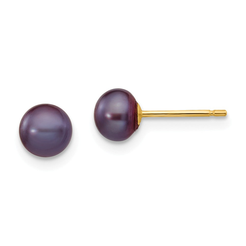 Million Charms 14k Yellow Gold 5-6mm Black Button Freshwater Cultured Pearl Stud Post Earrings, 5 to 6mm x 5 to 6mm