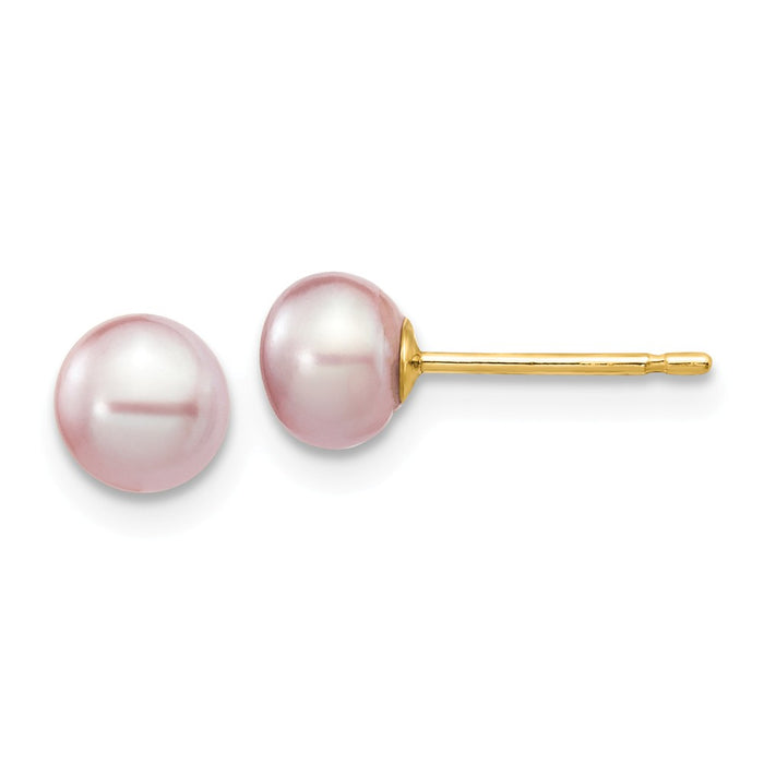 Million Charms 14k Yellow Gold 5-6mm Purple Button Freshwater Cultured Pearl Stud Post Earrings, 5 to 6mm x 5 to 6mm