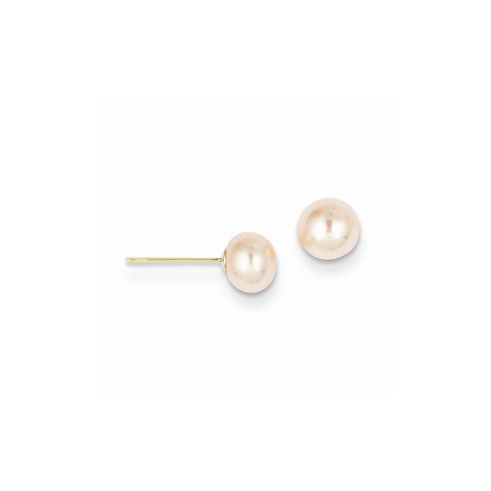 Million Charms 14k Yellow Gold 5-6mm Pink Button Freshwater Cultured Pearl Stud Post Earrings, 5 to 6mm x 5 to 6mm