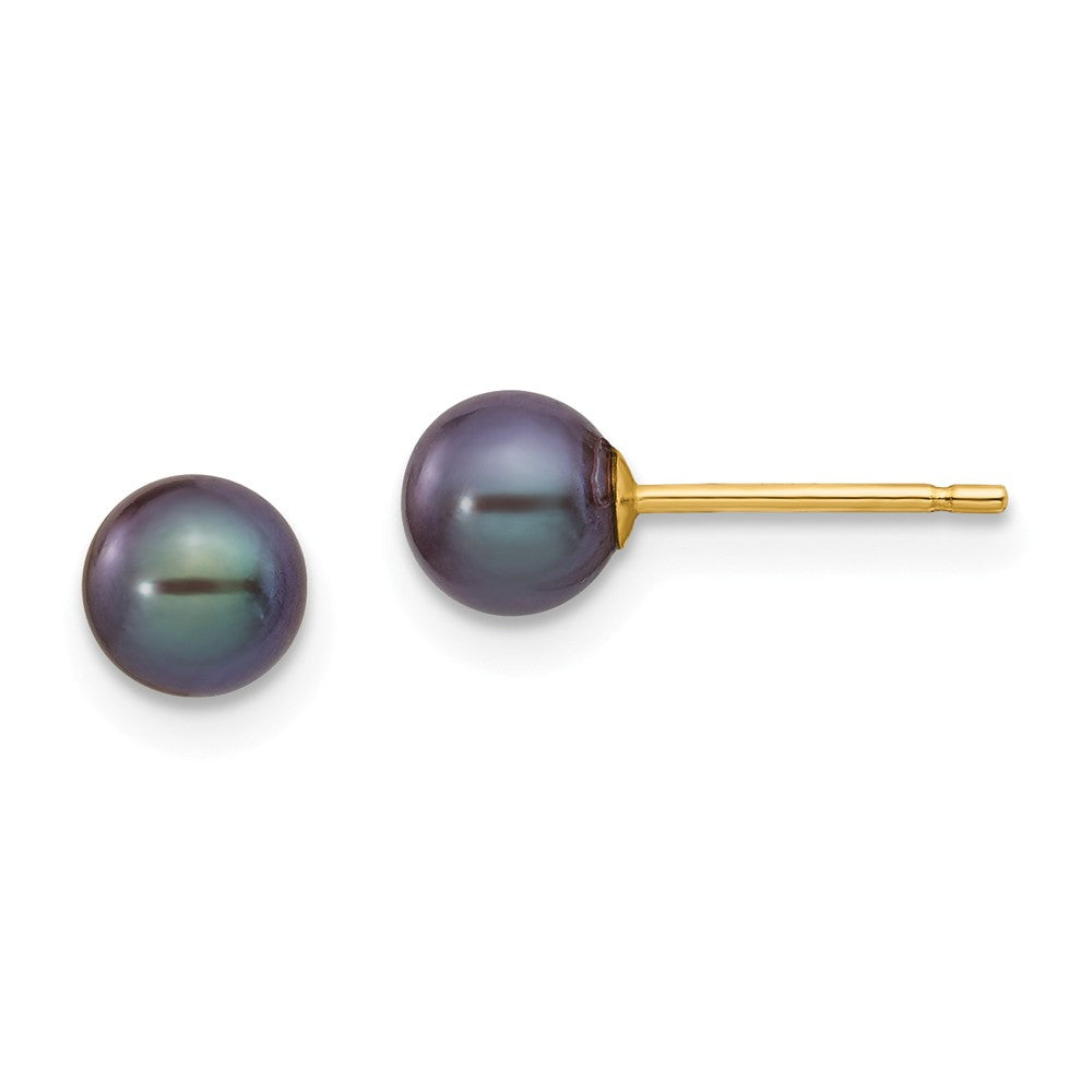 Million Charms 14k Yellow Gold 5-6mm Black Round Freshwater Cultured Pearl Stud Post Earrings, 5 to 6mm x 5 to 6mm