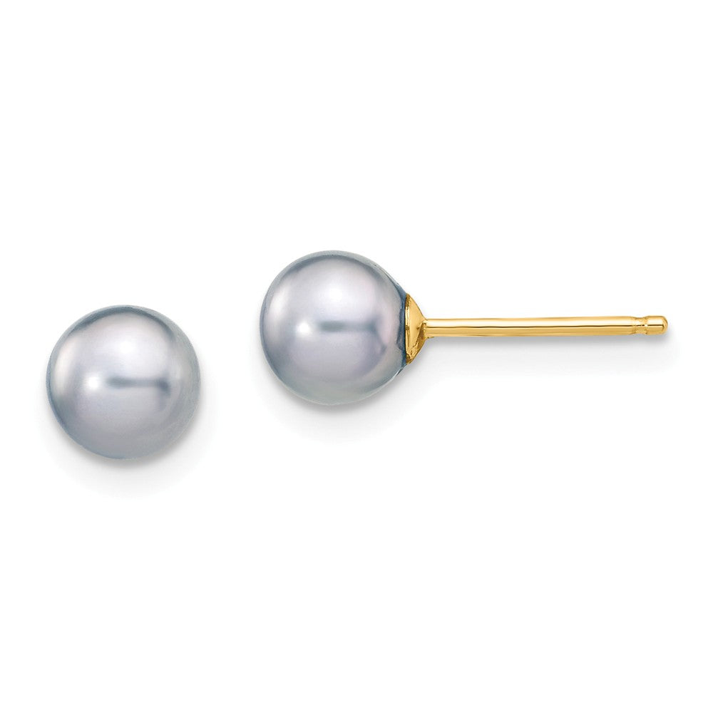 Million Charms 14k Yellow Gold 5-6mm Grey Round Freshwater Cultured Pearl Stud Post Earrings, 5 to 6mm x 5 to 6mm