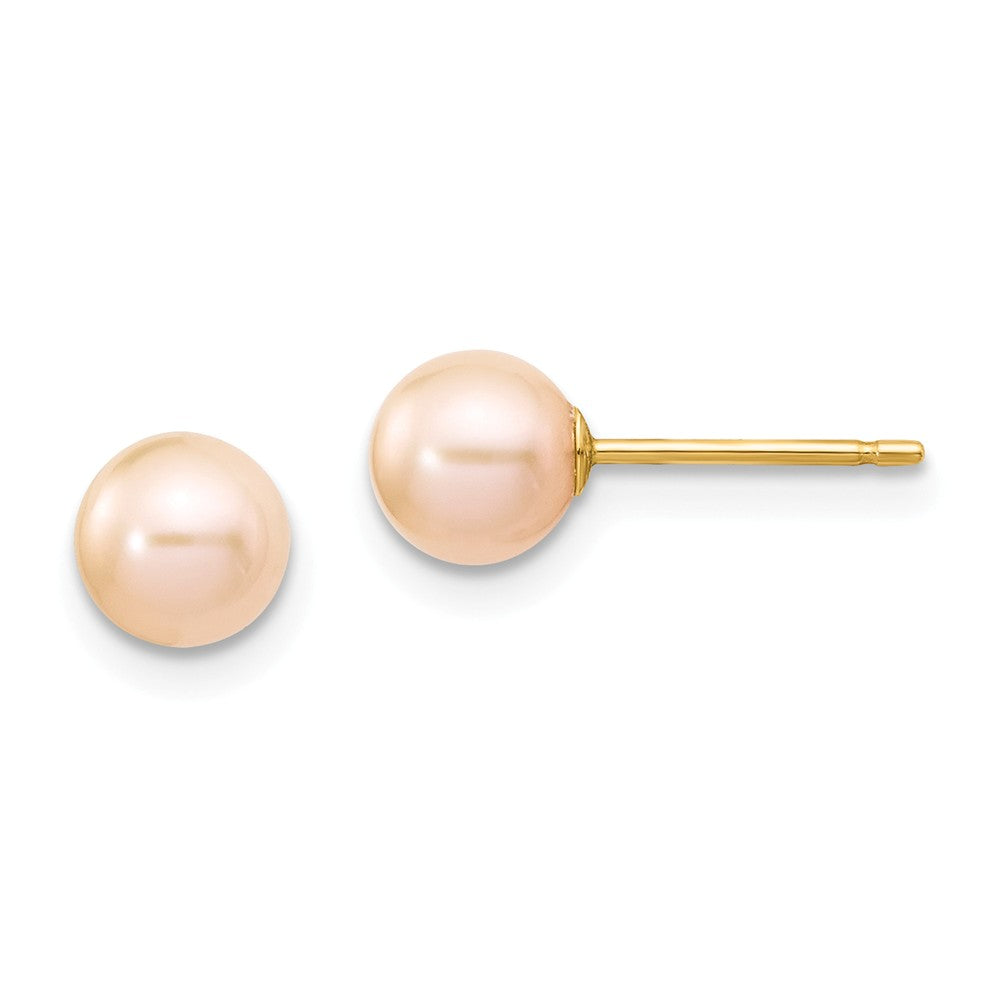 Million Charms 14k Yellow Gold 5-6mm Pink Round Freshwater Cultured Pearl Stud Post Earrings, 5 to 6mm x 5 to 6mm