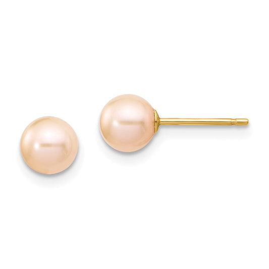 Million Charms 14k Yellow Gold 5-6mm Pink Round Freshwater Cultured Pearl Stud Post Earrings, 5 to 6mm x 5 to 6mm