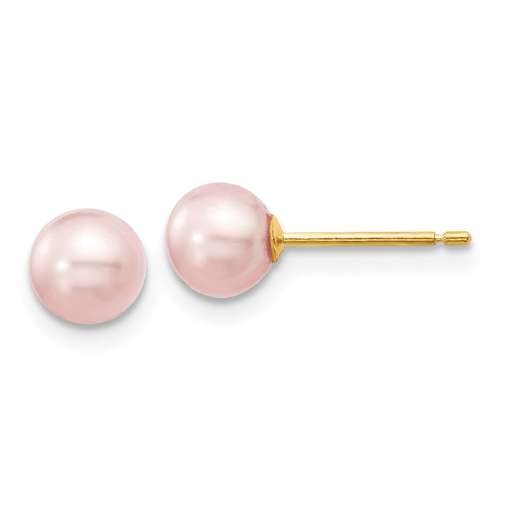 Million Charms 14k Yellow Gold 5-6mm Purple Round Freshwater Cultured Pearl Stud Post Earrings, 5 to 6mm x 5 to 6mm
