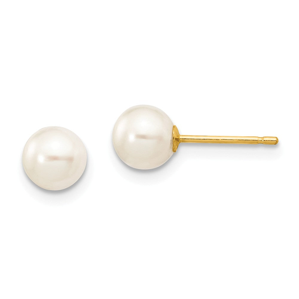 Million Charms 14k Yellow Gold 5-6mm White Round Freshwater Cultured Pearl Stud Post Earrings, 5 to 6mm x 5 to 6mm