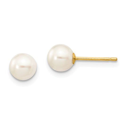 Million Charms 14k Yellow Gold 5-6mm White Round Freshwater Cultured Pearl Stud Post Earrings, 5 to 6mm x 5 to 6mm