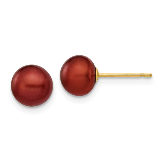 Million Charms 14k Yellow Gold 6-7mm Coffee Button Freshwater Cultured Pearl Stud Post Earrings, 6 to 7mm x 6 to 7mm