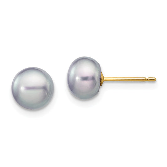 Million Charms 14k Yellow Gold 6-7mm Grey Button Freshwater Cultured Pearl Stud Post Earrings, 6 to 7mm x 6 to 7mm