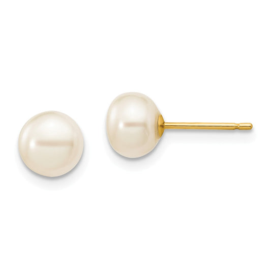 Million Charms 14k Yellow Gold 6-7mm White Button Freshwater Cultured Pearl Stud Post Earrings, 6 to 7mm x 6 to 7mm