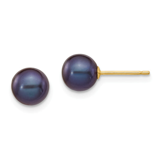 Million Charms 14k Yellow Gold 6-7mm Black Round Freshwater Cultured Pearl Stud Post Earrings, 6 to 7mm x 6 to 7mm
