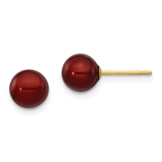 Million Charms 14k Yellow Gold 6-7mm Coffee Round Freshwater Cultured Pearl Stud Post Earrings, 6 to 7mm x 6 to 7mm