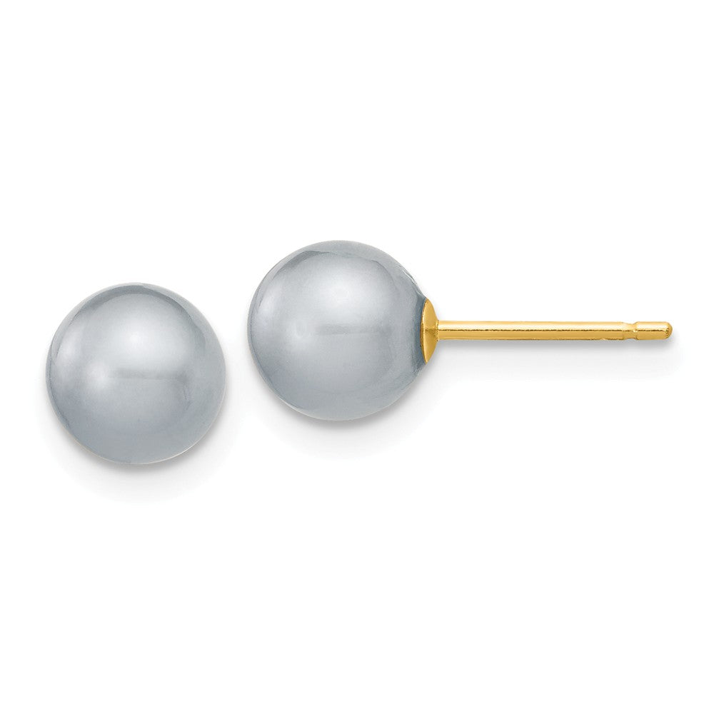 Million Charms 14k Yellow Gold 6-7mm Grey Round Freshwater Cultured Pearl Stud Post Earrings, 6 to 7mm x 6 to 7mm