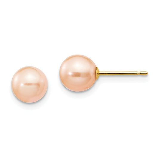 Million Charms 14k Yellow Gold 6-7mm Pink Round Freshwater Cultured Pearl Stud Post Earrings, 6 to 7mm x 6 to 7mm