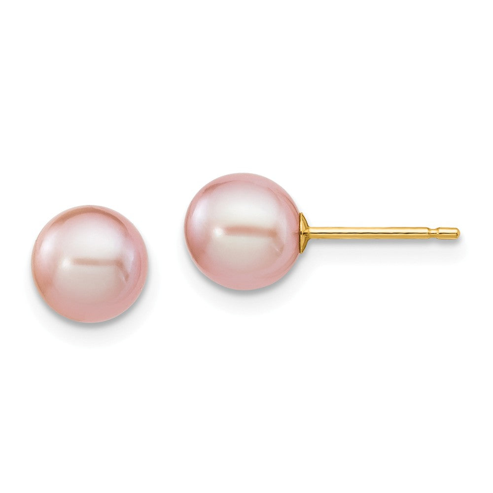 Million Charms 14k Yellow Gold 6-7mm Purple Round Freshwater Cultured Pearl Stud Post Earrings, 6 to 7mm x 6 to 7mm